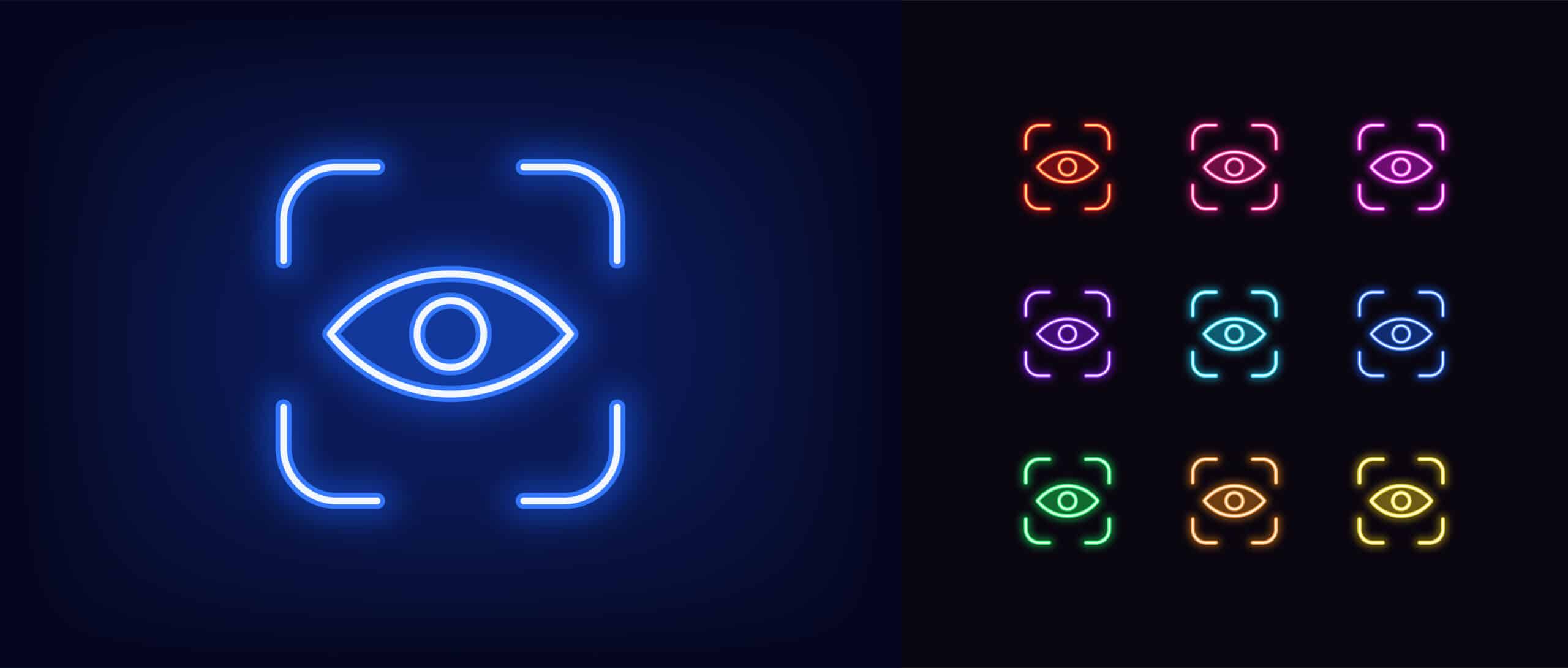 Glowing neon eye scanner sign.