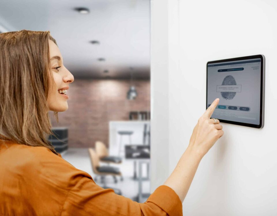 Woman using a physical access control system