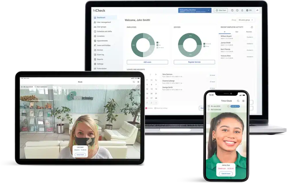 NCheck dashboard on laptop, kiosk check-in on tablet and Time Clock app on phone