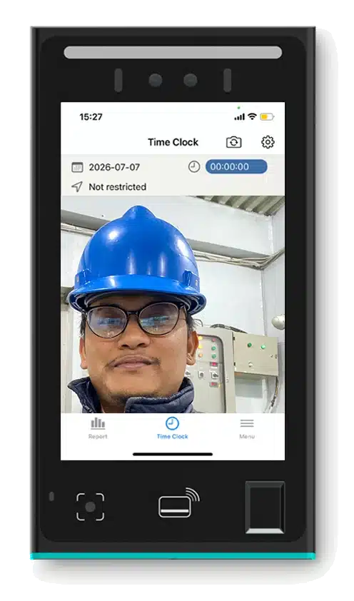 NCheck biometric terminal verifying a construction worker with a safety helmet